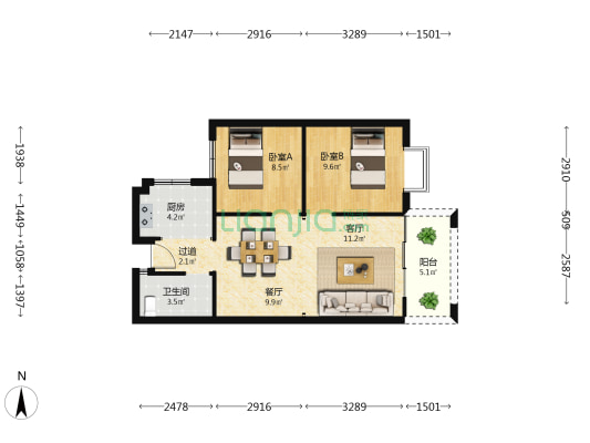 翰文九万里 2室2厅1卫 69平方