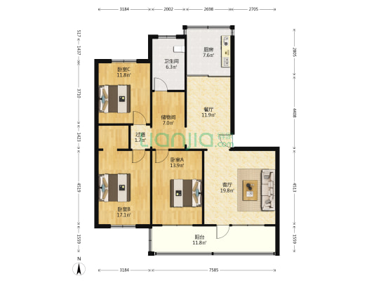 机要局宿舍 3室2厅1卫 132平方