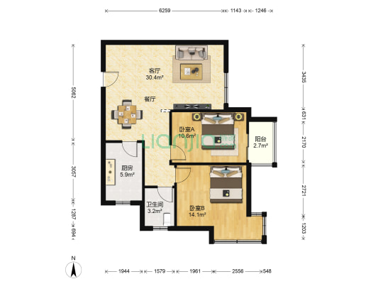 七彩阳光城 2室1厅1卫 86平方