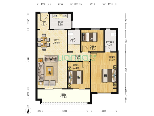 碧桂园名城三号院  3室1厅2卫 127平方