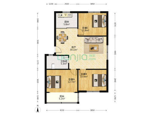 天福园 3室1厅1卫 100平方