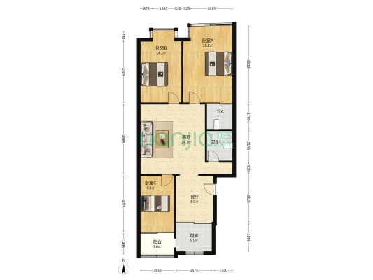 刘南村 3室2厅2卫 120平方