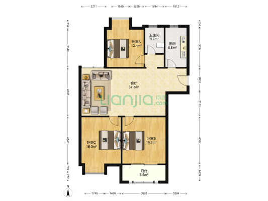 碧湖天辰 3室1厅1卫 122平方