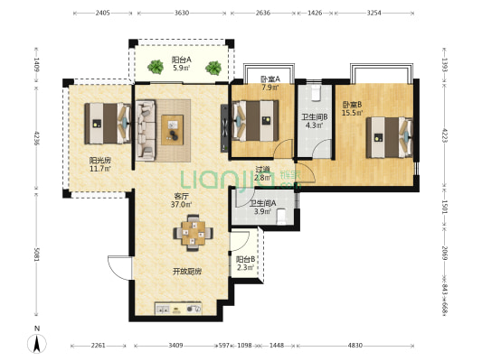 大和平·华西茗城 2室1厅2卫 97平方