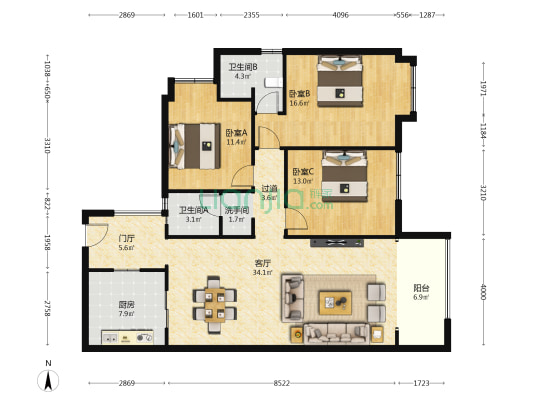 北滨1号 3室1厅3卫 131平方