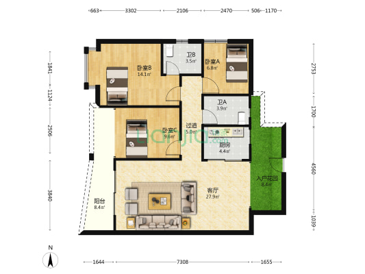 上河坊Q7B区 3室1厅2卫 99平方