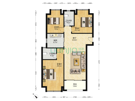 保利香颂五期 3室1厅2卫 125平方