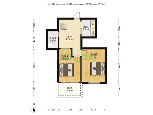 天湖花园 2室1厅1卫 56平方