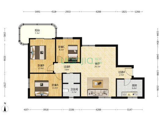 东新街240号 3室1厅1卫 110平方