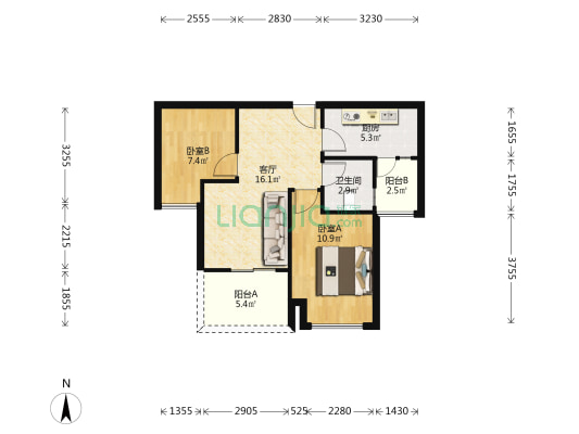 花城新区精装两居室，家具家电齐全，拎包入住-户型图