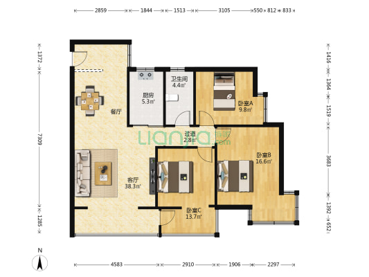 西津家园 3室1厅1卫 117平方