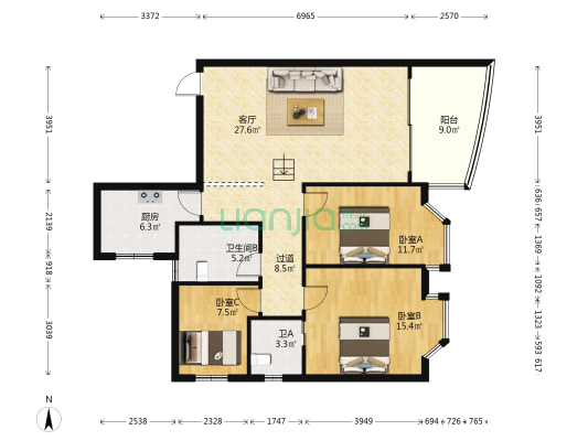 龙景花园 3室1厅2卫 113平方