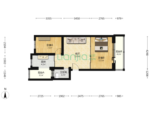 南大街 2室1厅1卫 68平方