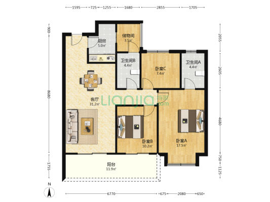 幸福里西苑 3室1厅2卫 107平方