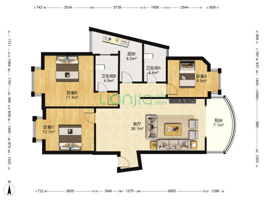 典雅森林花园 3室1厅2卫 107平方