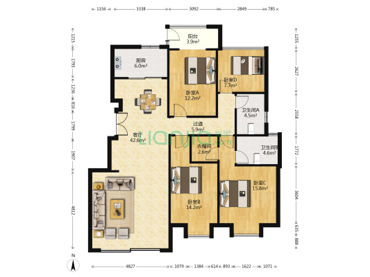 清江山水九程 4室1厅2卫 140平方