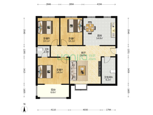 铁建雅苑 3室1厅2卫 123平方