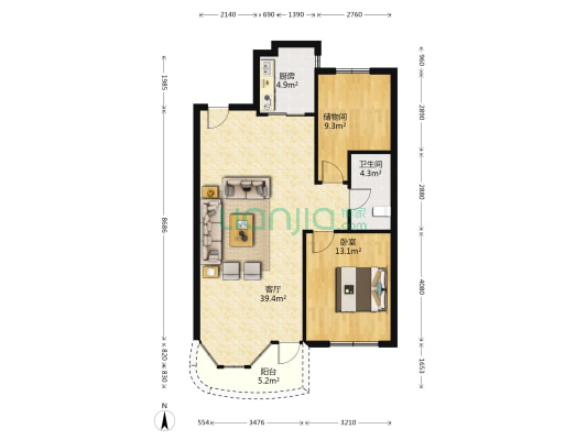 西湖城 1室1厅1卫 109平方