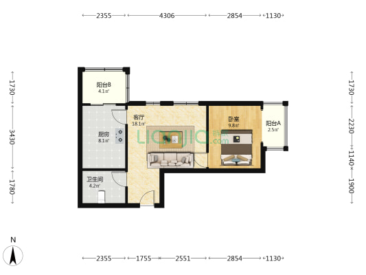 房本满五唯一，精装未住，集中供暖，正规一居室-户型图