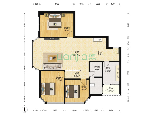 锦宏阁 3室1厅1卫 136平方