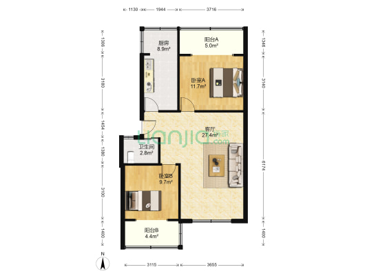 同心路116号 2室1厅1卫 77平方