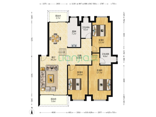 东方花园 3室1厅2卫 136平方