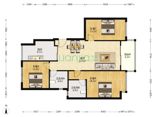 恒大御府一二期 3室1厅2卫 119平方