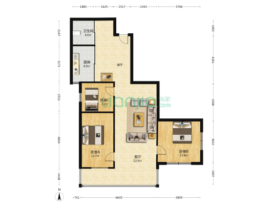 吉储大厦 3室1厅1卫 120平方