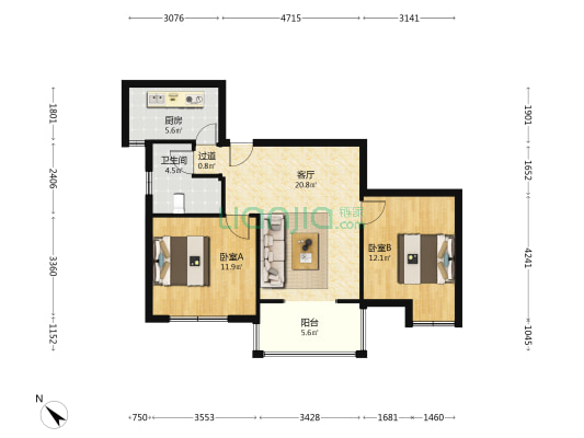 北延新居A区 2室1厅1卫 76平方