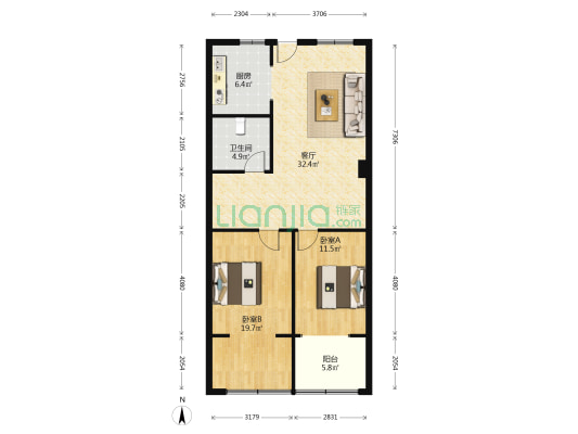 景田大厦 2室1厅1卫 104平方