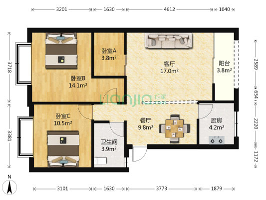 晴朗云安 3室2厅1卫 84平方