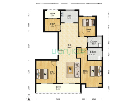 东方兰园 4室1厅2卫 131平方