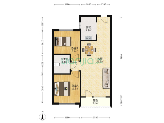 中海河山郡 2室1厅1卫 88平方