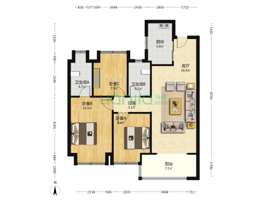 保利庭瑞阅江台雅园 3室1厅2卫 117平方
