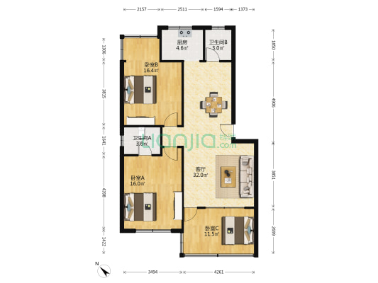 华明家园 3室1厅2卫 103平方