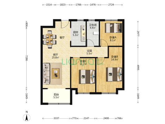 金域观邸北区 3室1厅1卫 115平方