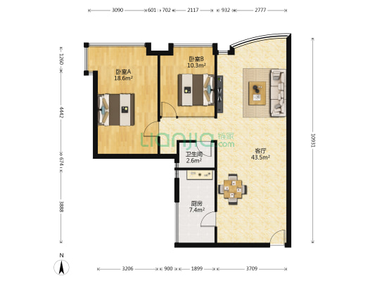 皓瀚华轩 2室1厅1卫 101平方