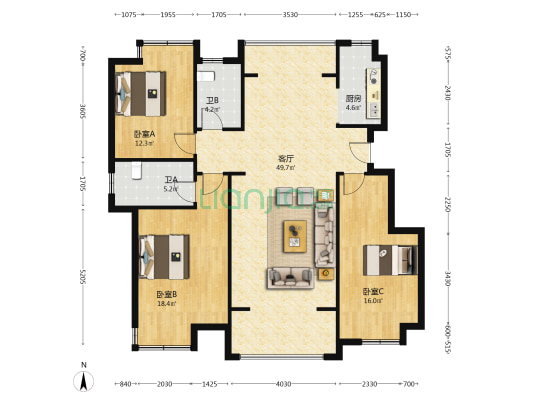 四季花园 3室1厅2卫 124平方