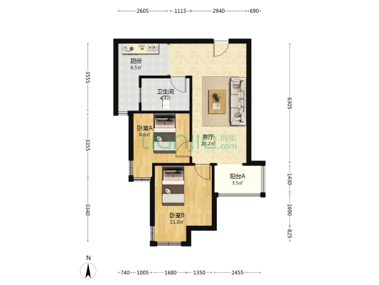 天伦湾一期经典全南两居 好楼层好楼位 毛坯随心装-户型图