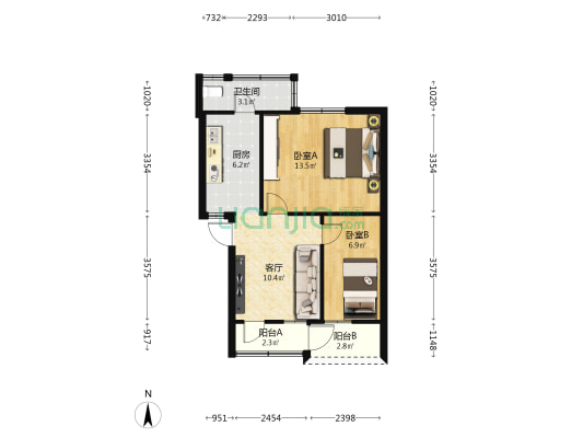 海南省冶金工业总公司宿舍 2室1厅1卫 52平方