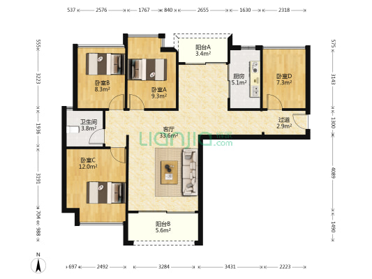 御蓝湾花园 4室1厅1卫 99平方
