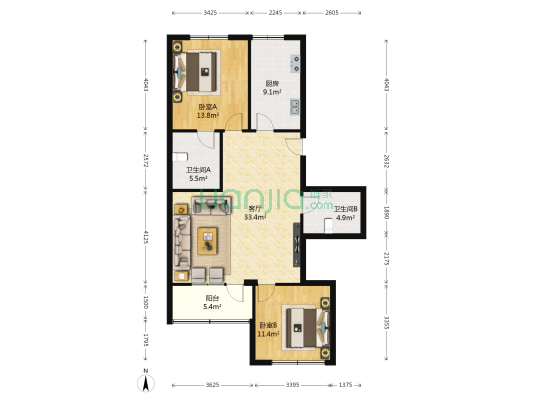 刘家峡水电厂兰州生活小区 2室1厅2卫 91平方