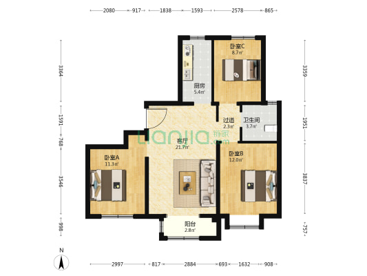 郎府书苑 3室1厅1卫 108平方