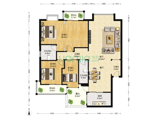 国贸信隆城 3室1厅2卫 144平方