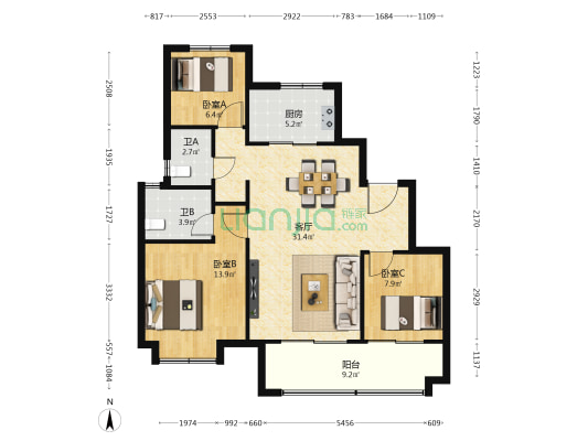 金辉优步大道一期 3室1厅2卫 110平方