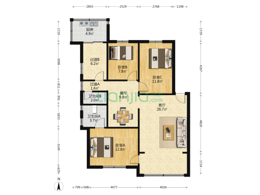东晓路1022号大院 3室2厅2卫 97平方