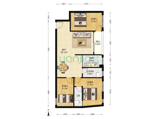 为民路 3室1厅2卫 91平方