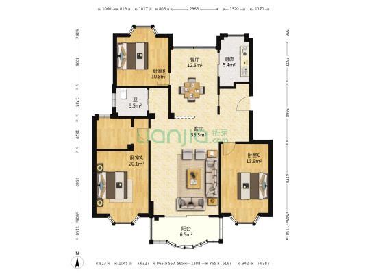 香格里拉城市花园西区 3室2厅1卫 124平方