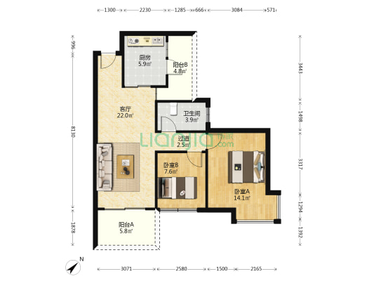 翰林雅苑 2室1厅1卫 80平方
