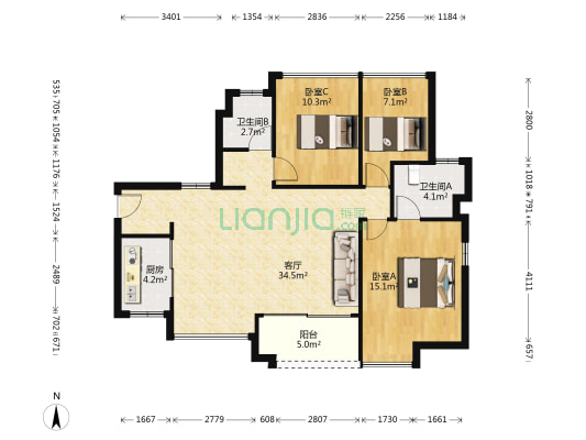 万科四季花城 3室1厅2卫 96平方